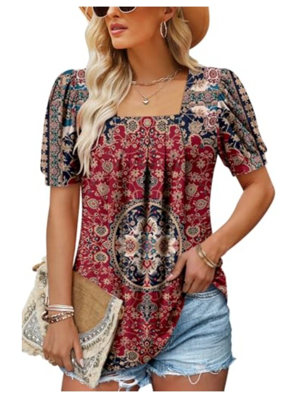 Women Square Neck Short Sleeve Pleated Ruffle Swing Tunic Top